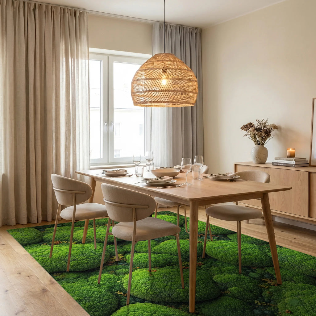 Lush Verdant Mossy Spheres Rug - Dining Room View