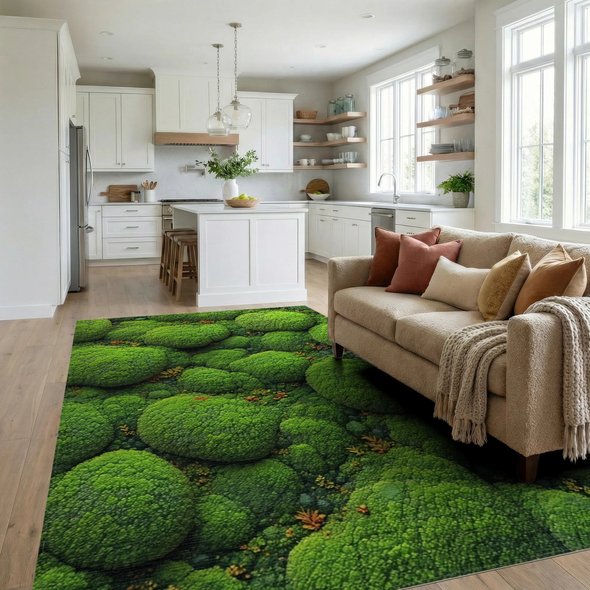Lush Verdant Mossy Spheres Rug - Living Room View