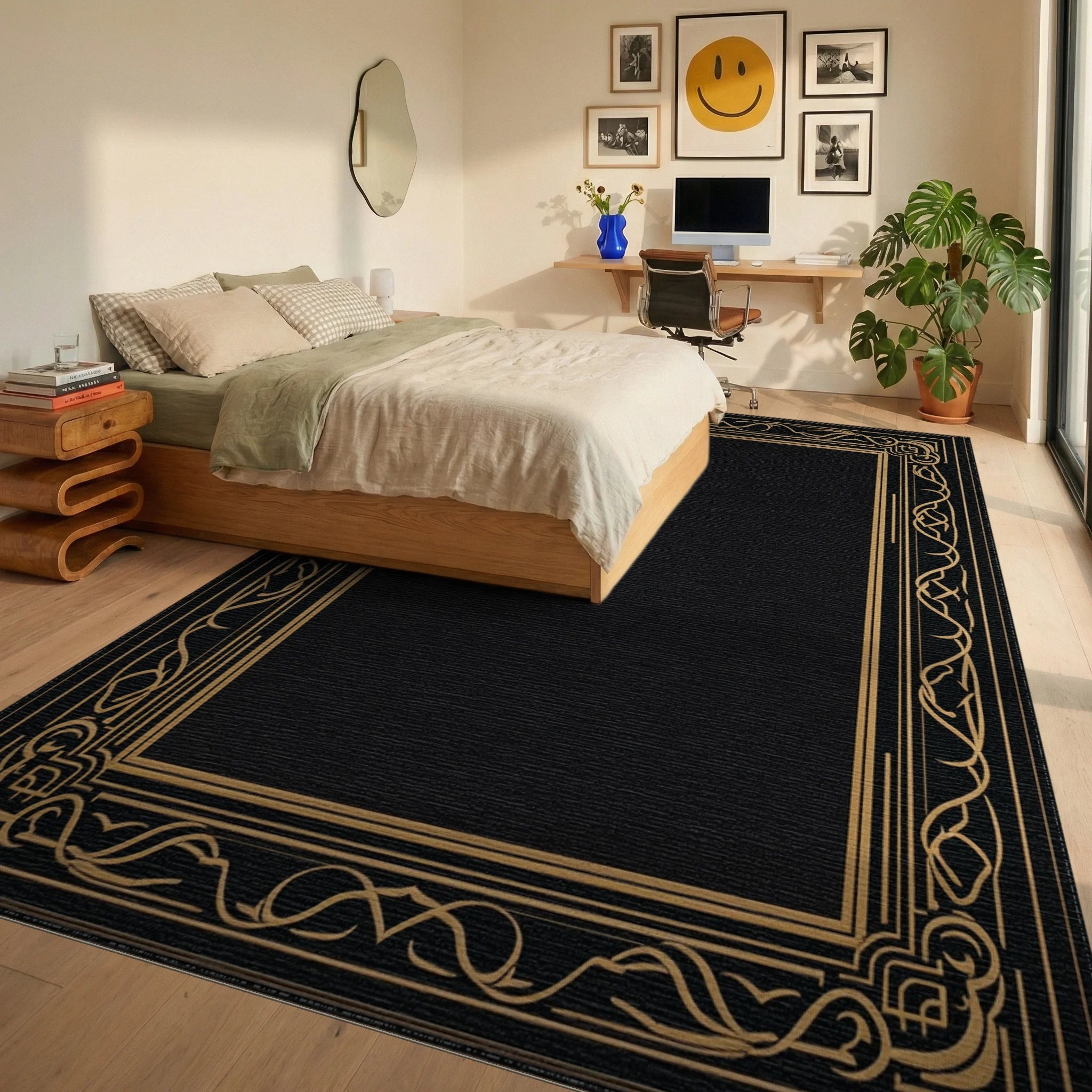 Luxury Black Gold Art Deco Frame Rug Bedroom View