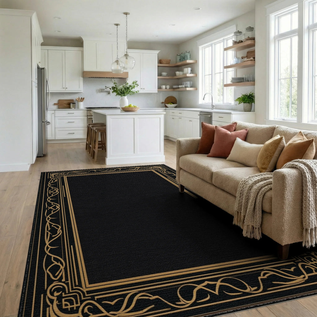 Luxury Black Gold Art Deco Frame Rug Living Room View