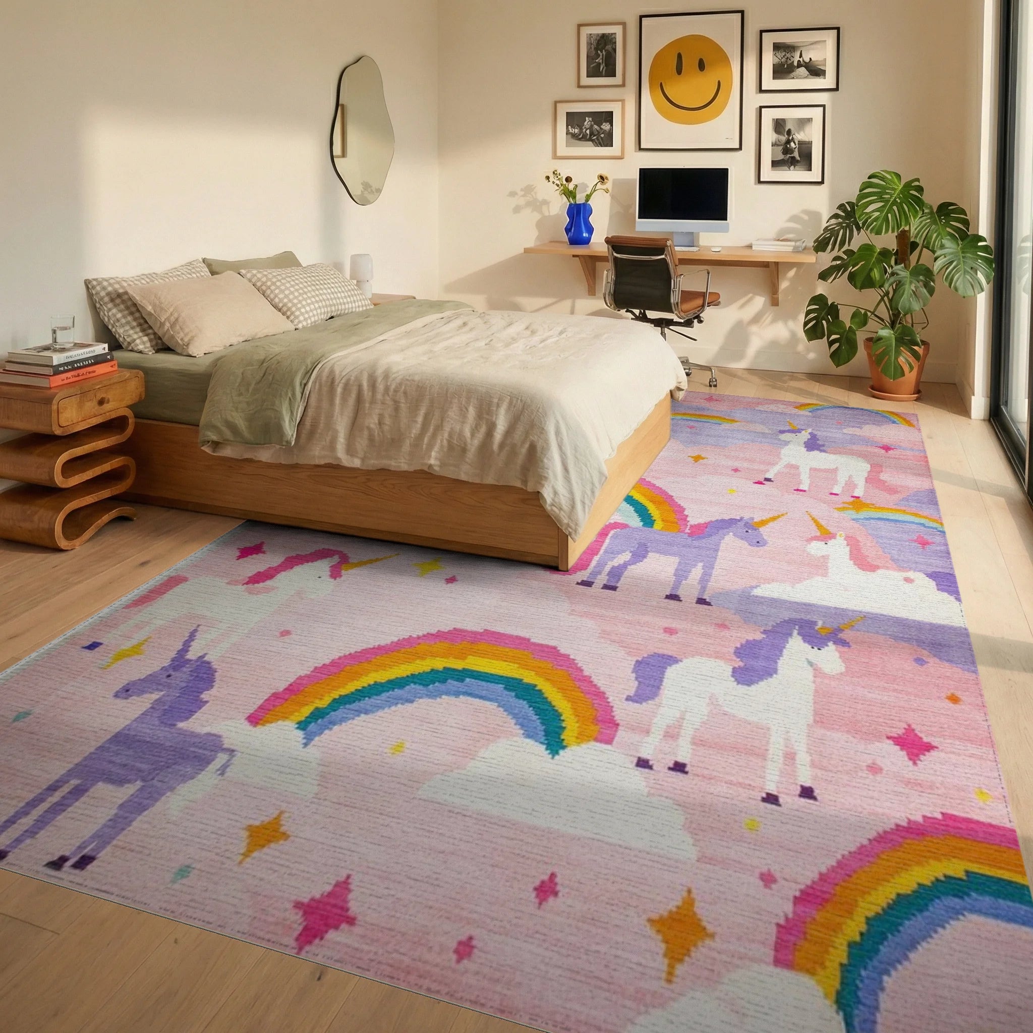 Magical Pink Unicorn Rainbow Dreamscape Rug - Bedroom View