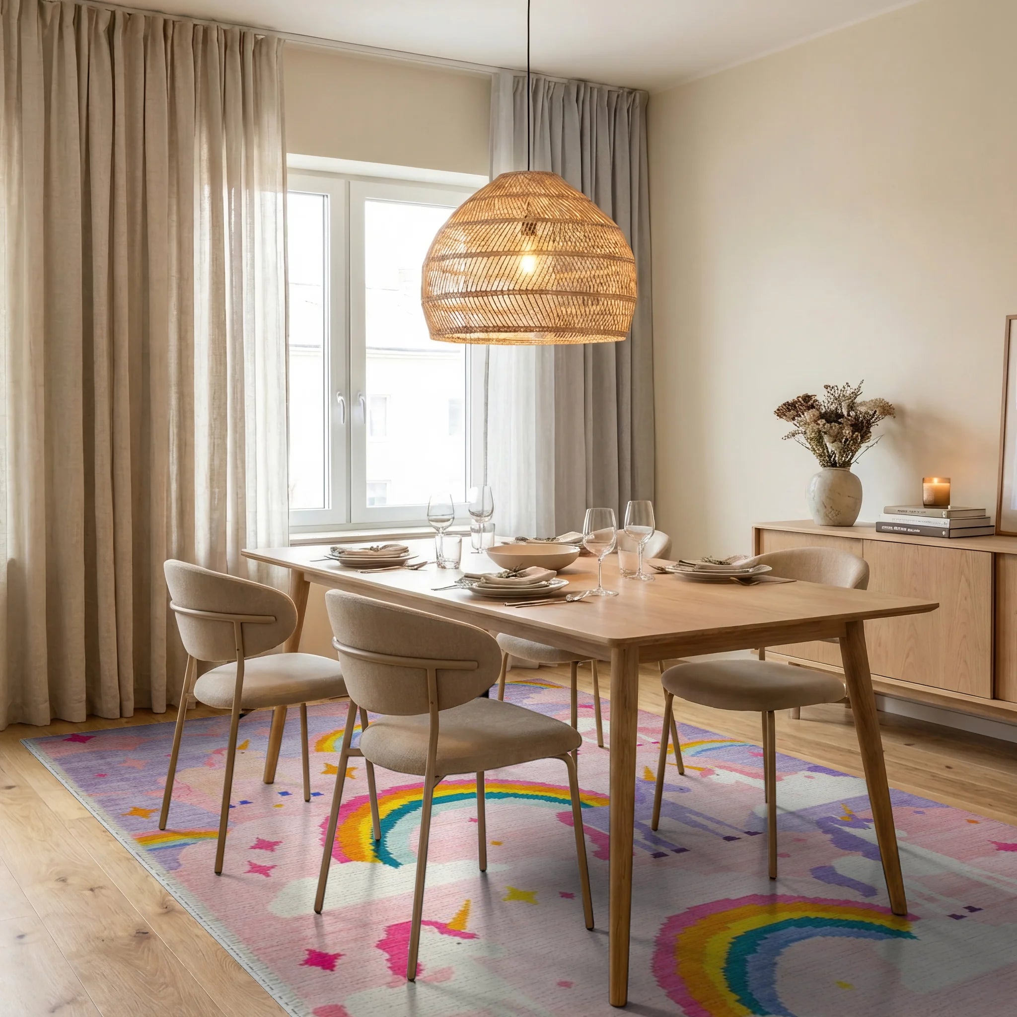 Magical Pink Unicorn Rainbow Dreamscape Rug - Dining Room View