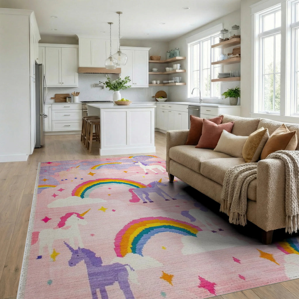 Magical Pink Unicorn Rainbow Dreamscape Rug - Living Room View