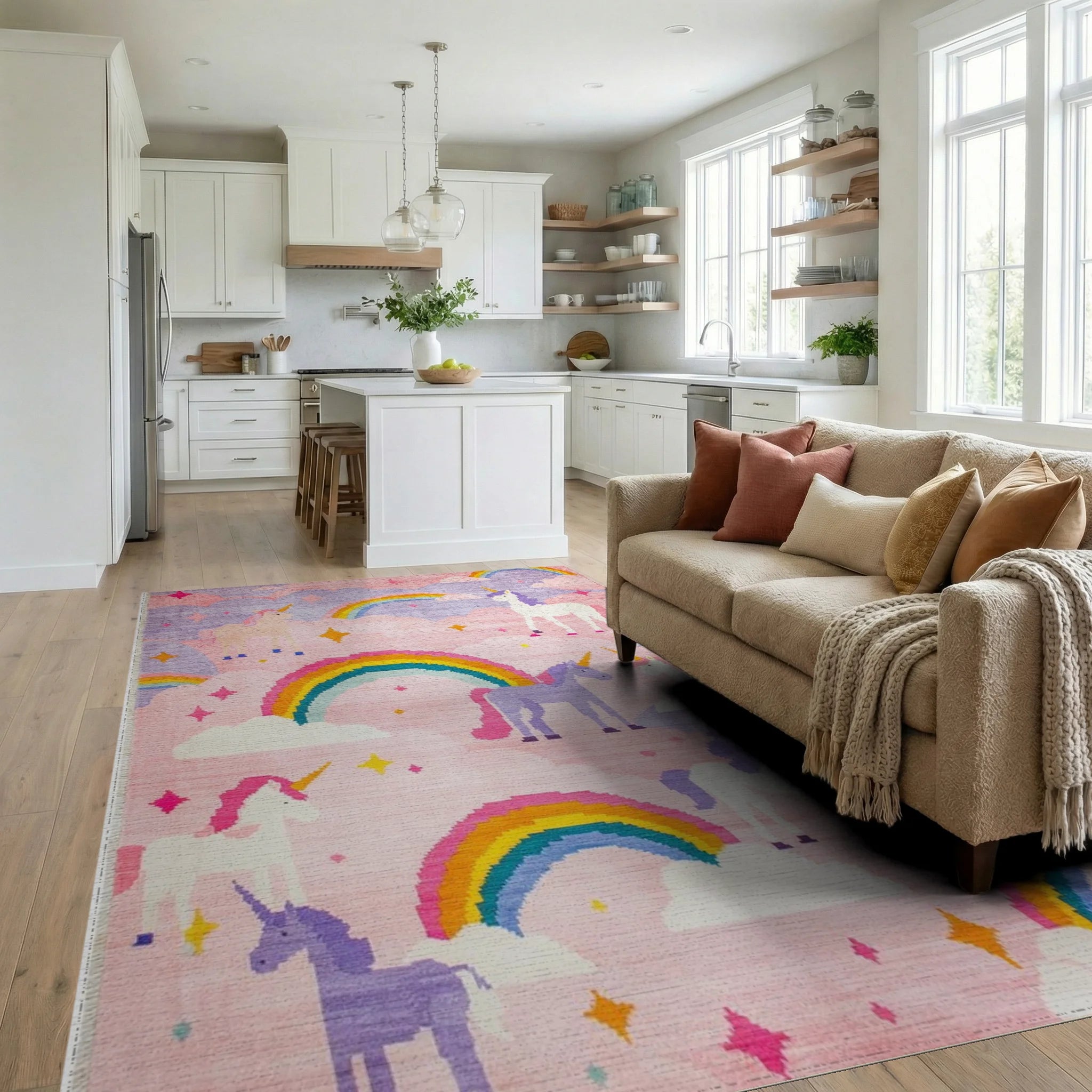 Magical Pink Unicorn Rainbow Dreamscape Rug - Living Room View