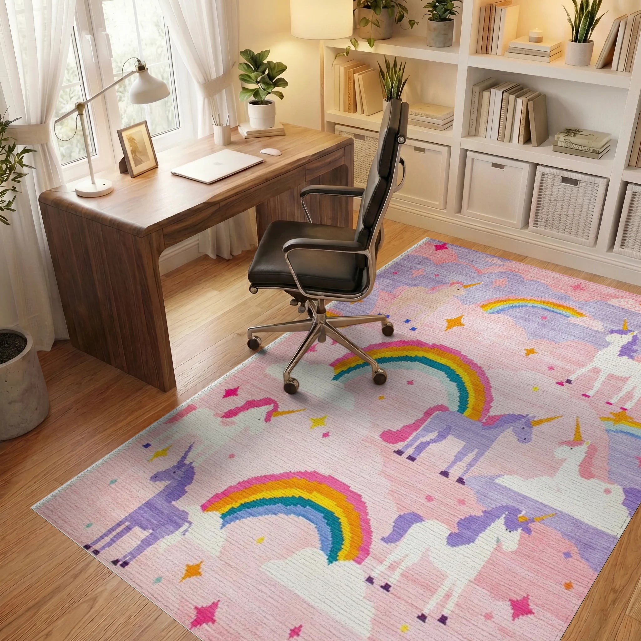 Magical Pink Unicorn Rainbow Dreamscape Rug - Office View