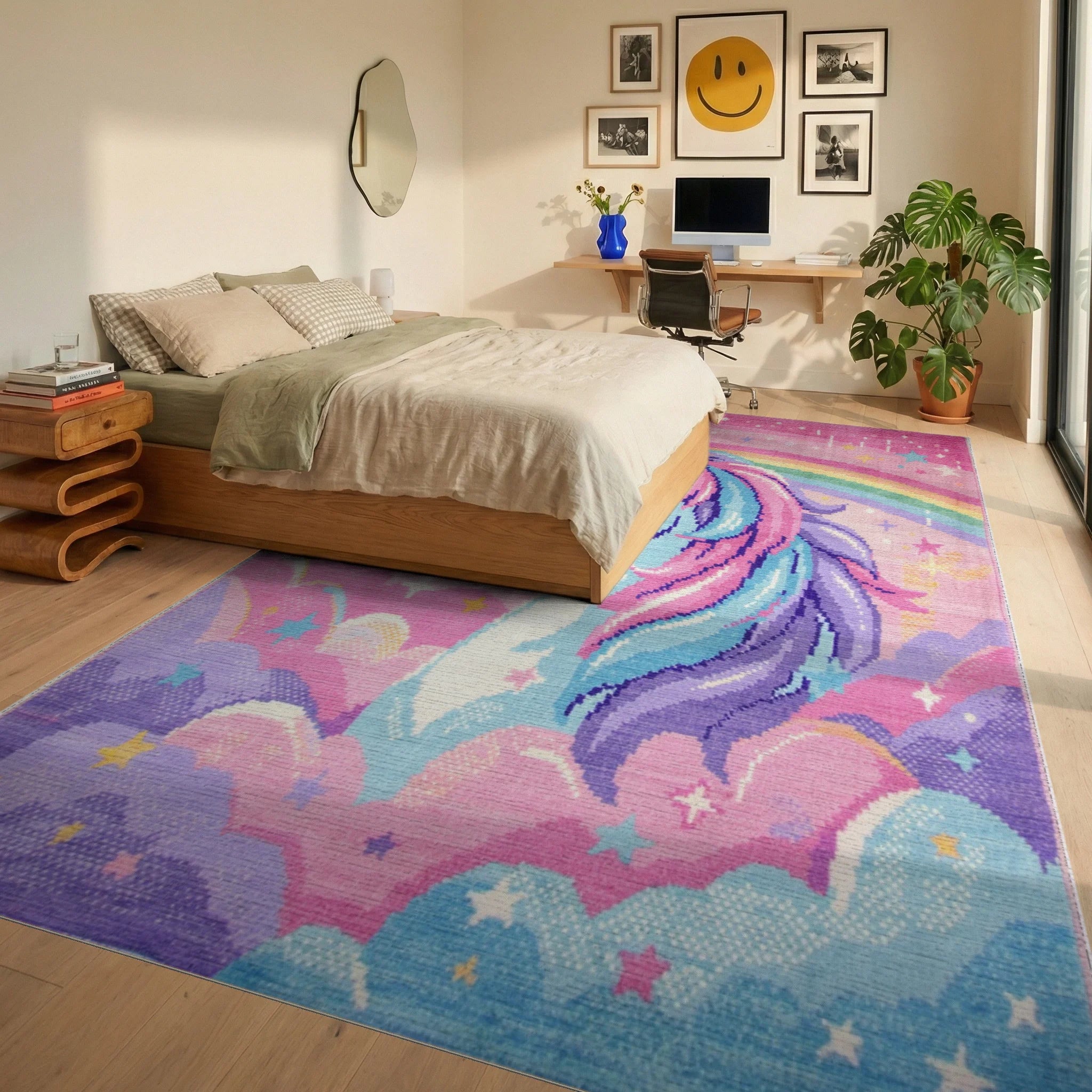 Magical Unicorn Rainbow Cloud Scene Rug - Bedroom View