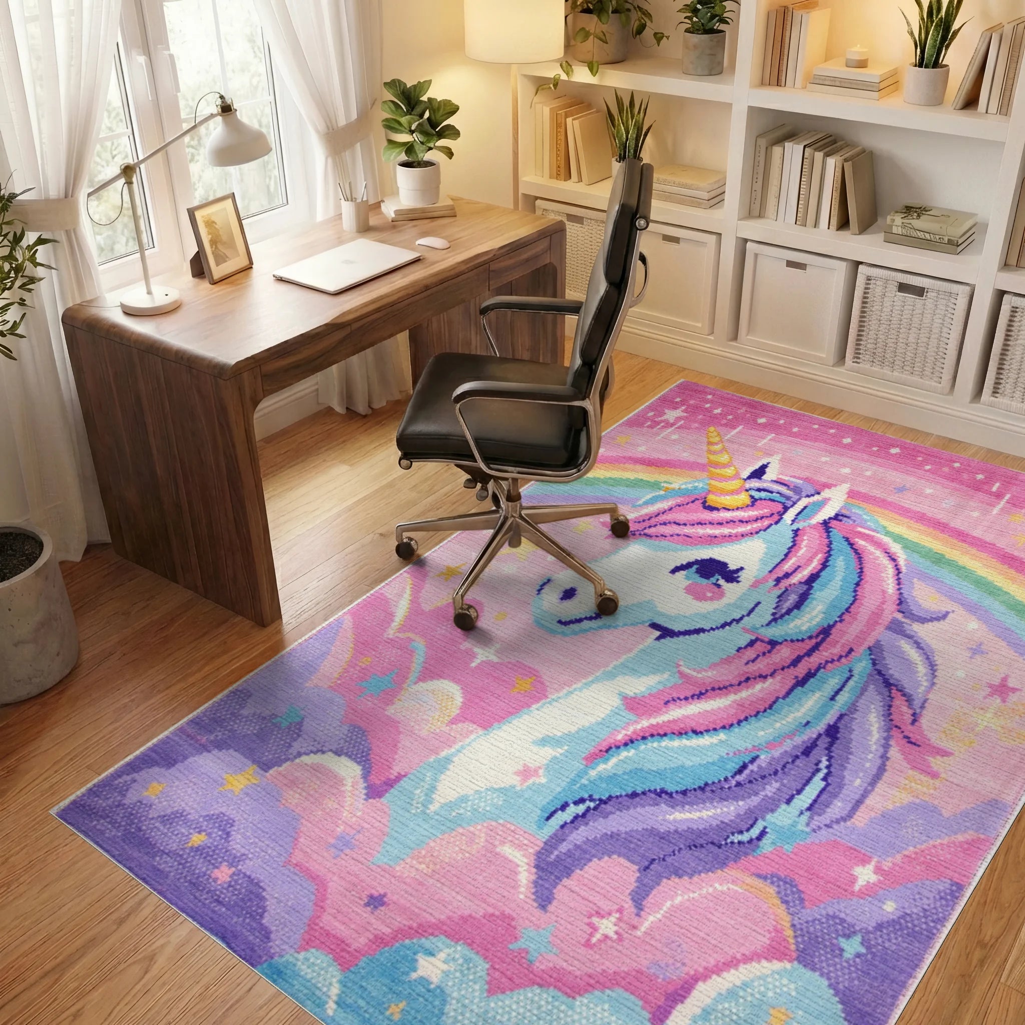 Magical Unicorn Rainbow Cloud Scene Rug - Office View