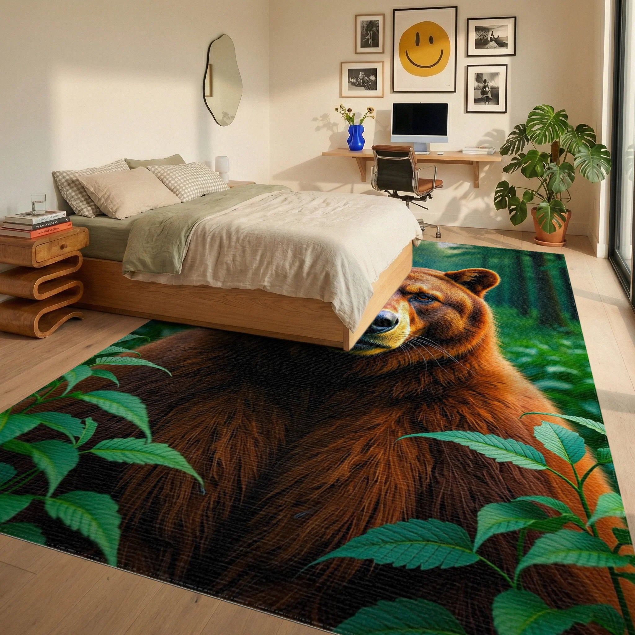 Majestic Bear In Green Forest Rug Bedroom View