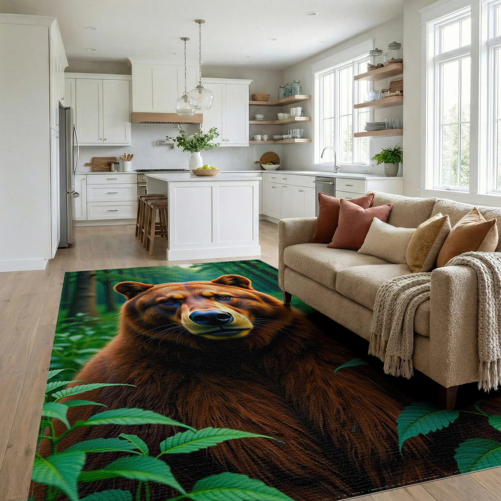 Majestic Bear In Green Forest Rug Living Room View