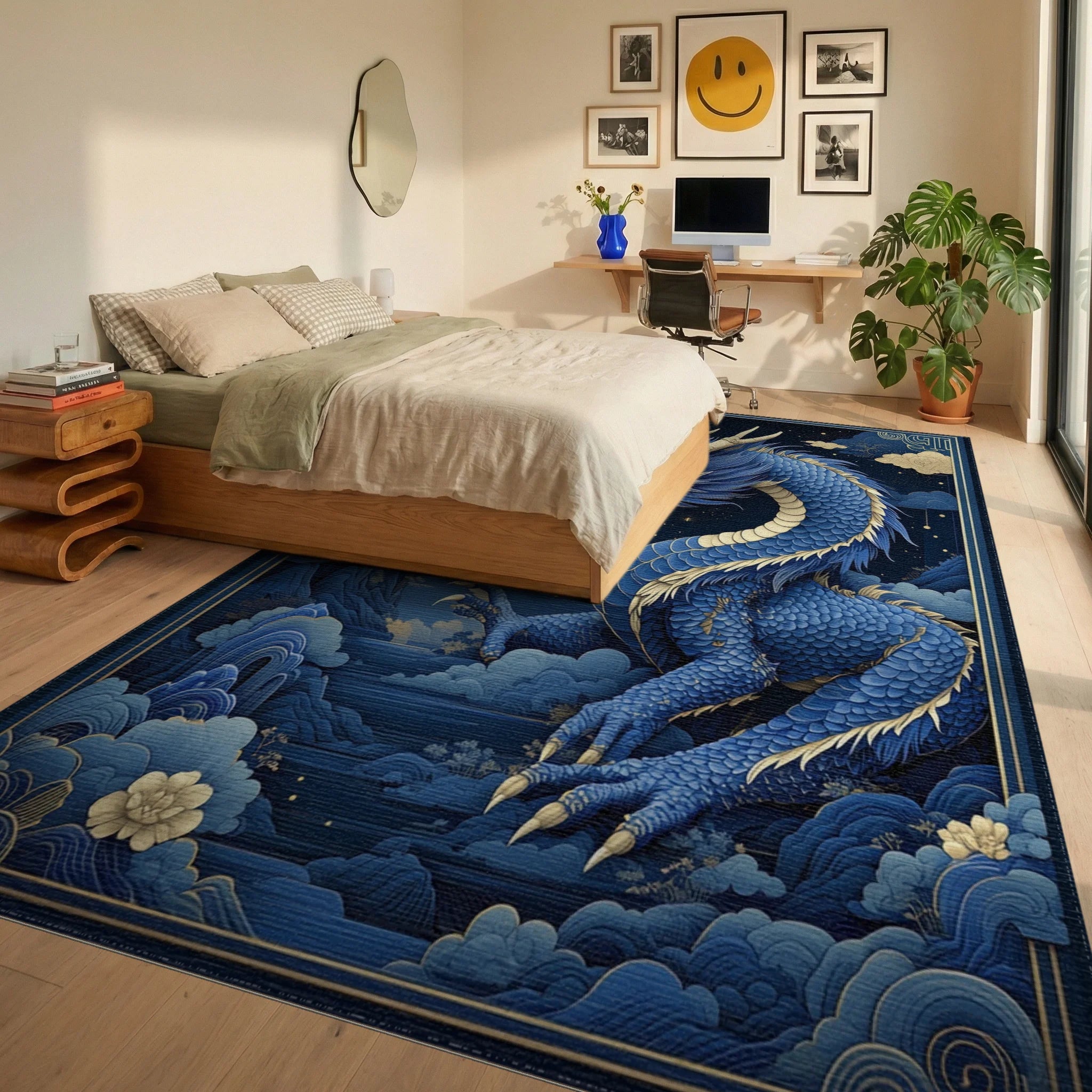 Majestic Blue Dragon Clouds Rug - Bedroom View
