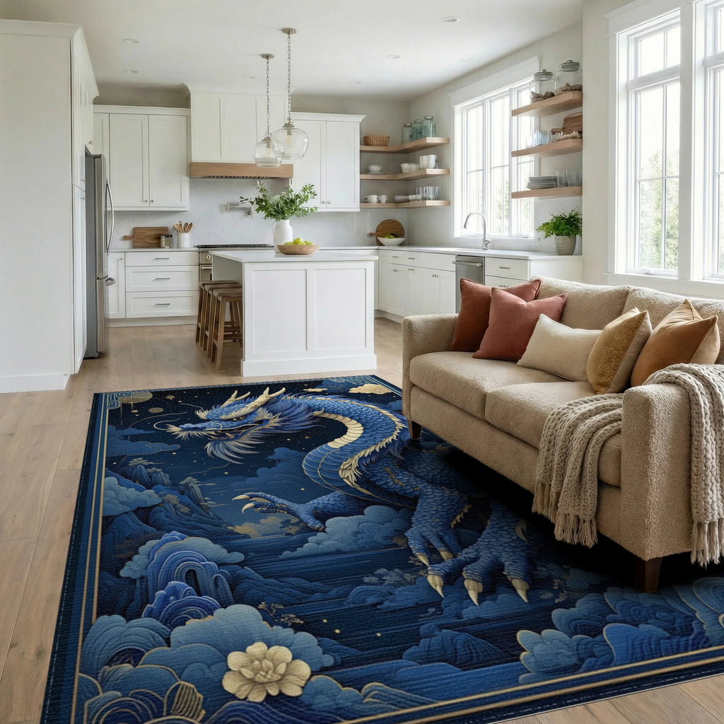 Majestic Blue Dragon Clouds Rug - Living Room View