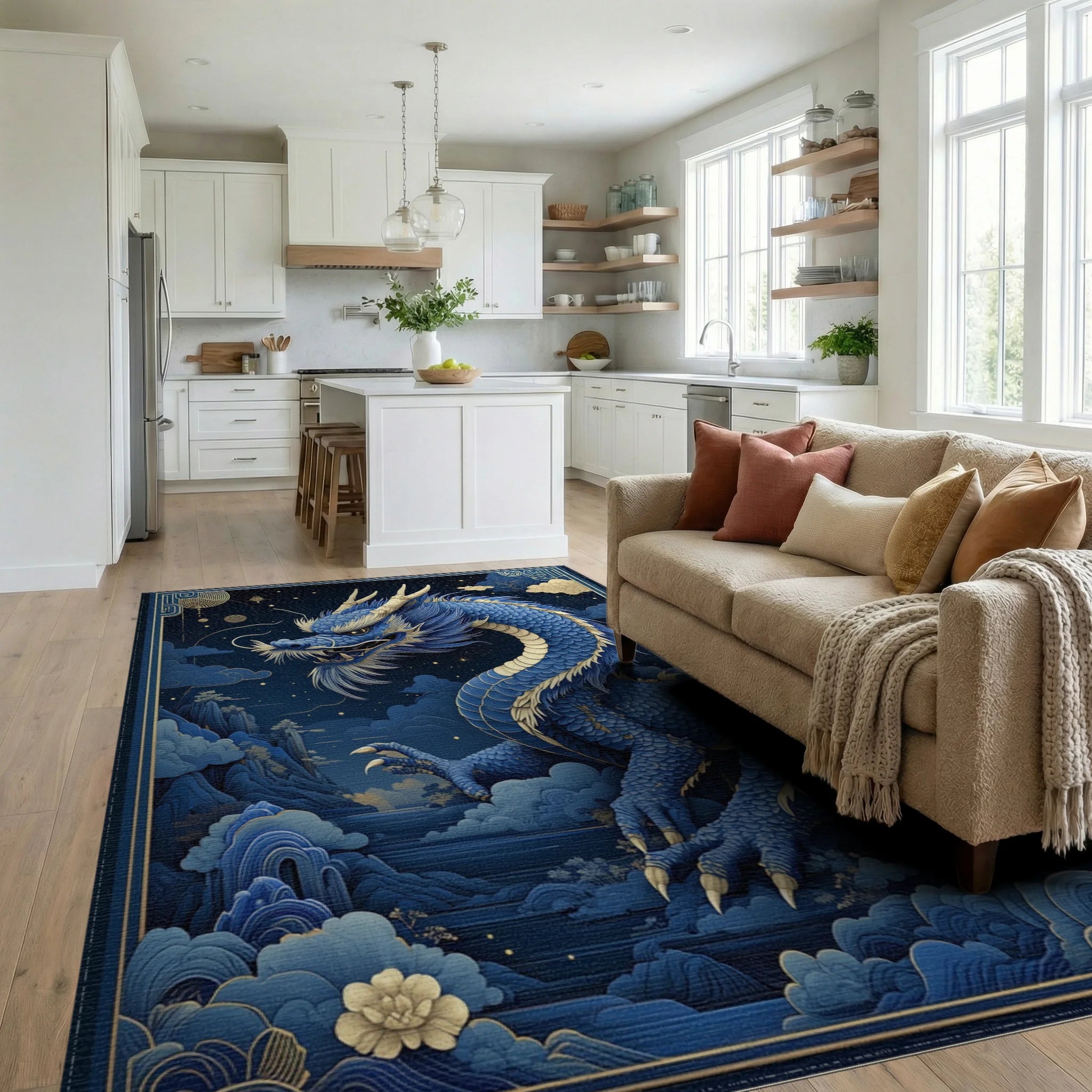 Majestic Blue Dragon Clouds Rug - Living Room View