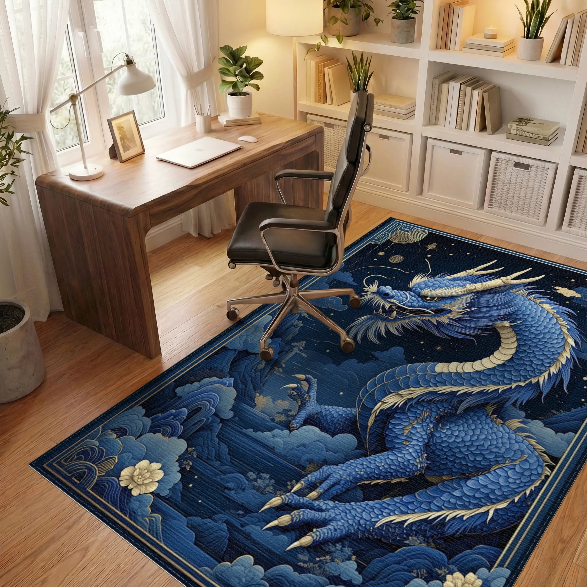 Majestic Blue Dragon Clouds Rug - Office View