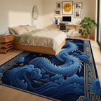Majestic Blue Gold Dragon Clouds Rug - Bedroom View