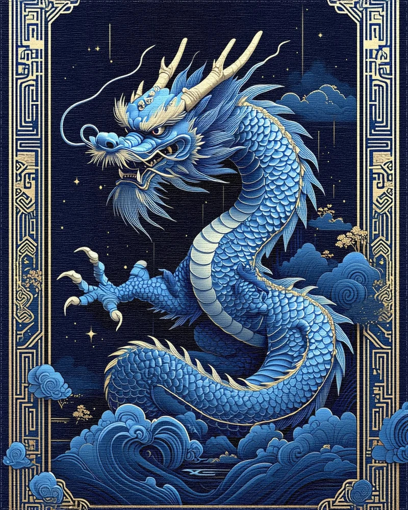 Majestic Blue Gold Dragon Clouds Rug - Cutout View
