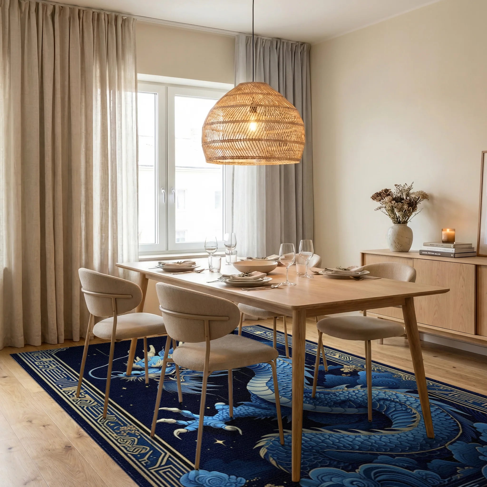Majestic Blue Gold Dragon Clouds Rug - Dining Room View