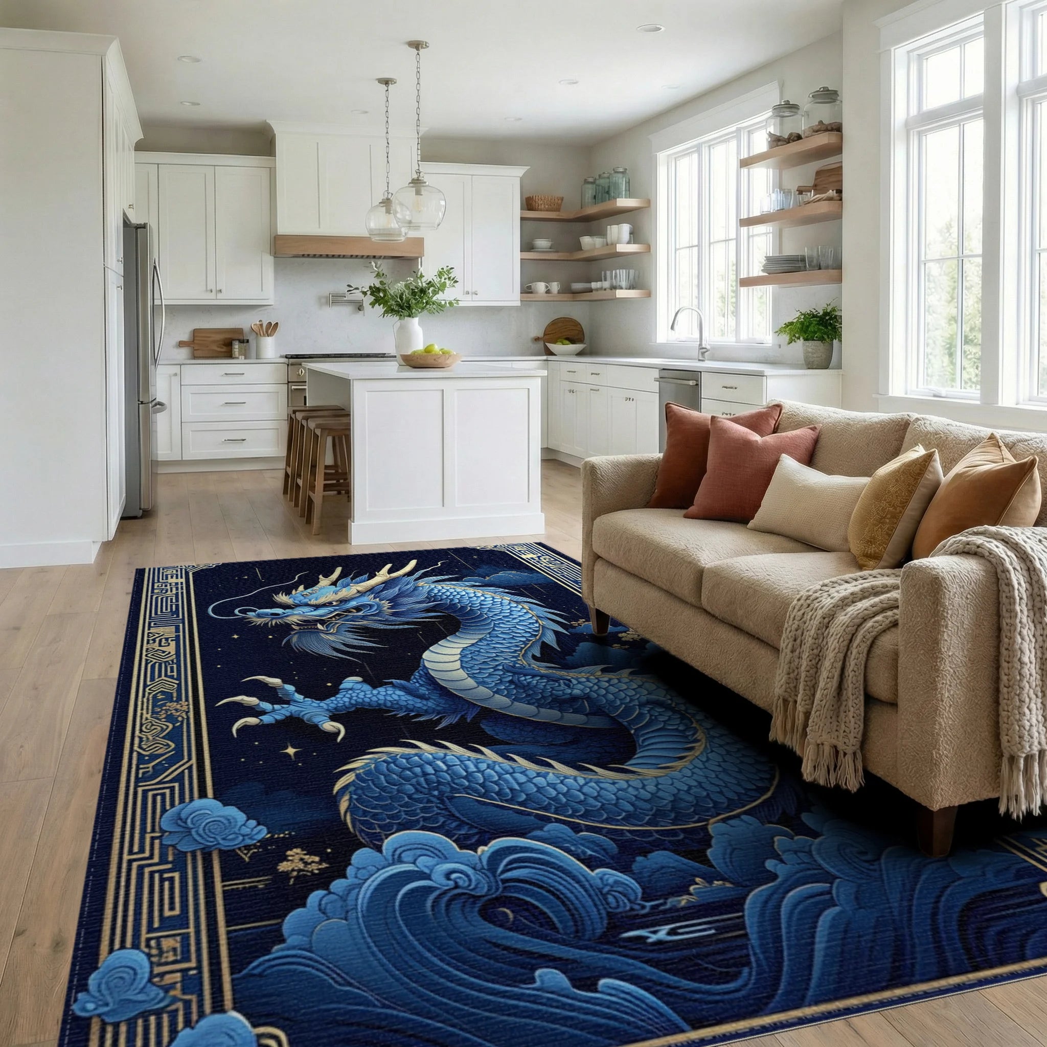Majestic Blue Gold Dragon Clouds Rug - Living Room View