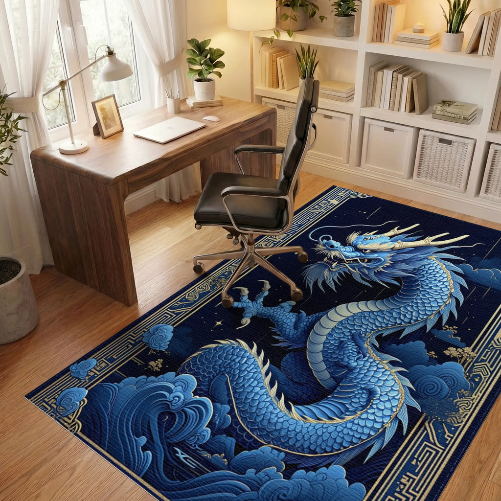 Majestic Blue Gold Dragon Clouds Rug - Office View