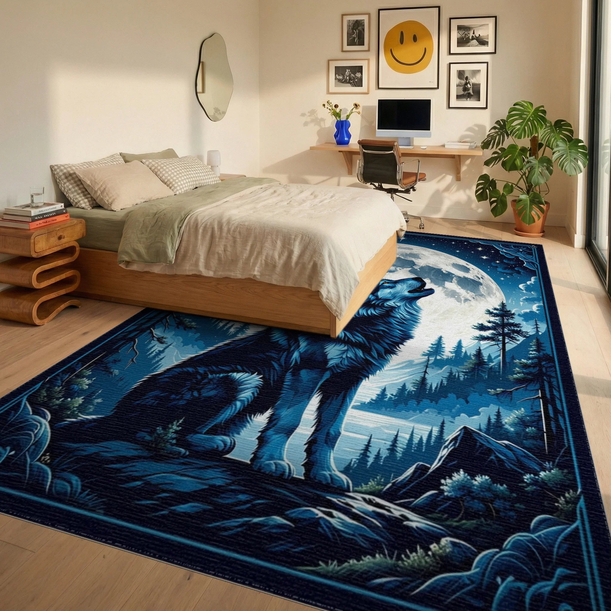 Majestic Blue Wolf Night Moonscape Rug - Bedroom View