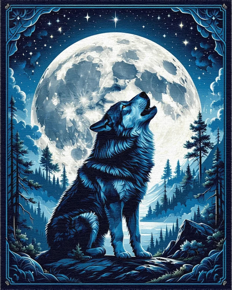 Majestic Blue Wolf Night Moonscape Rug - Cutout View