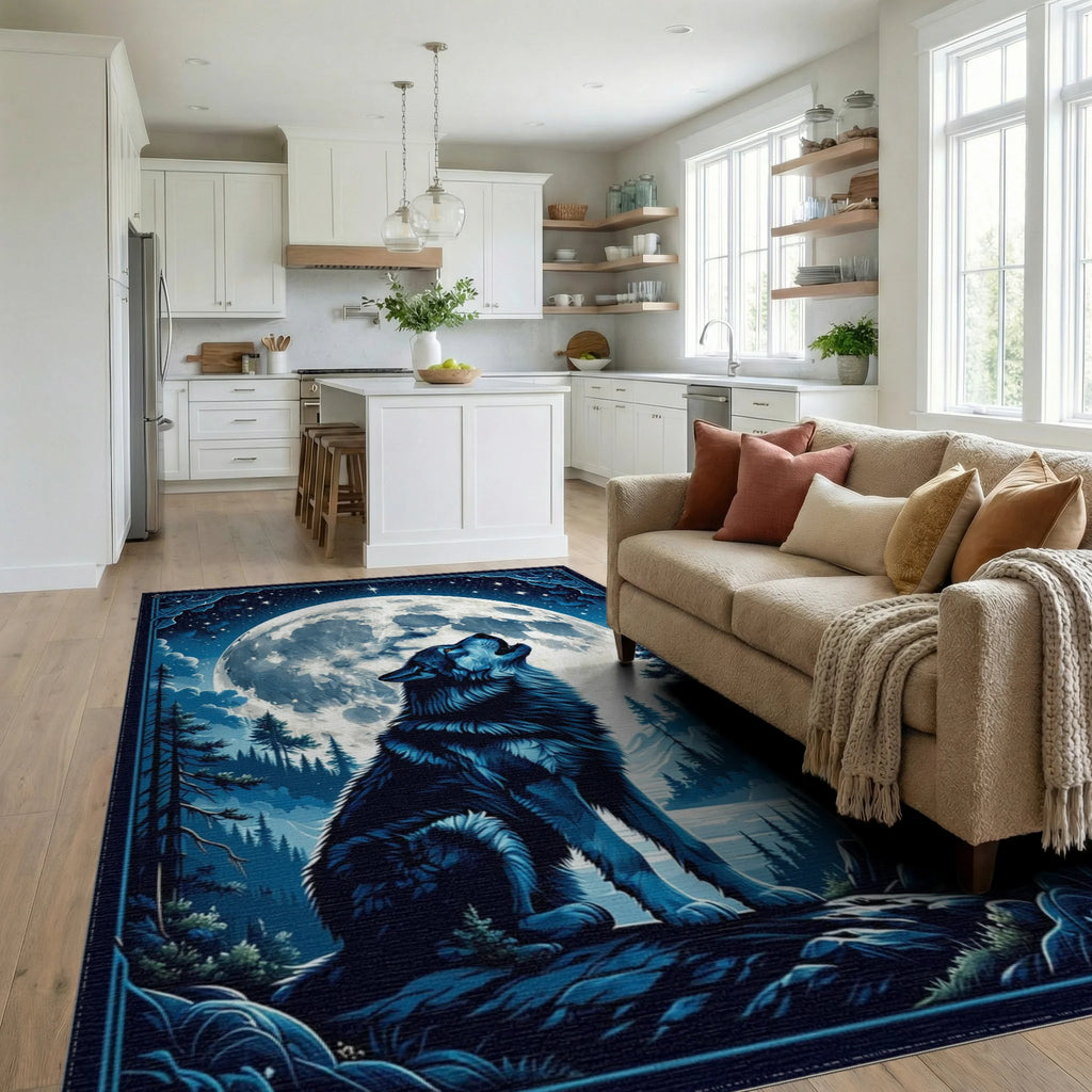 Majestic Blue Wolf Night Moonscape Rug - Living Room View