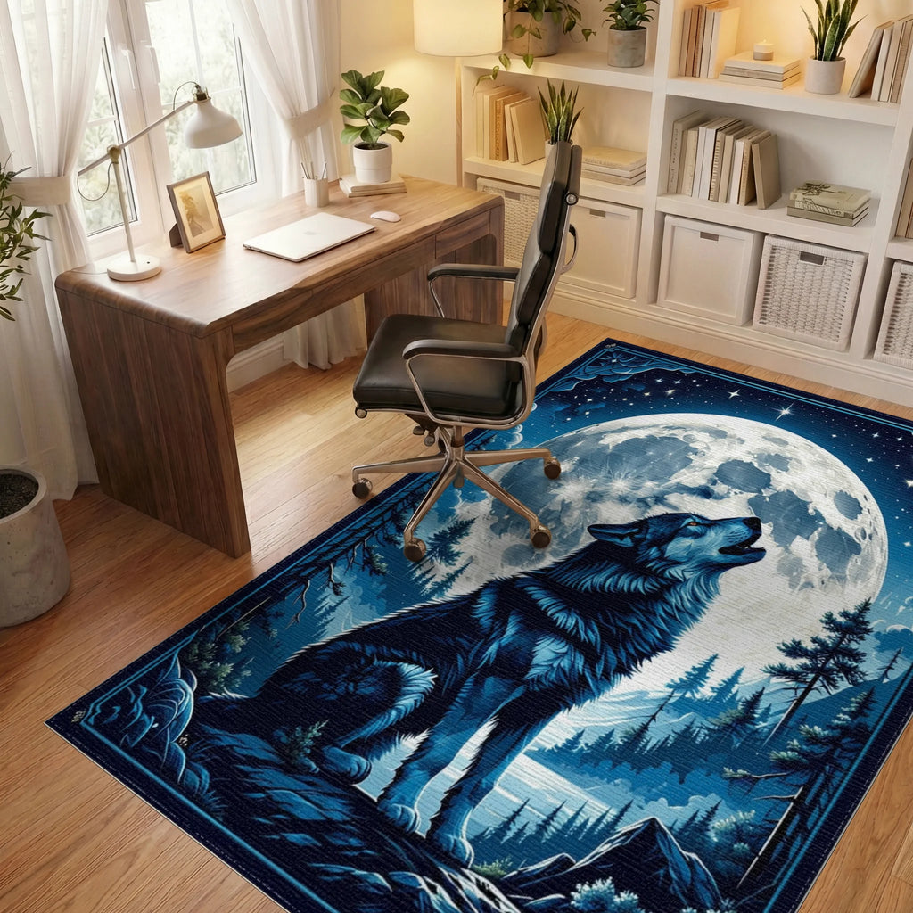 Majestic Blue Wolf Night Moonscape Rug - Office View