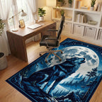 Majestic Blue Wolf Night Moonscape Rug - Office View
