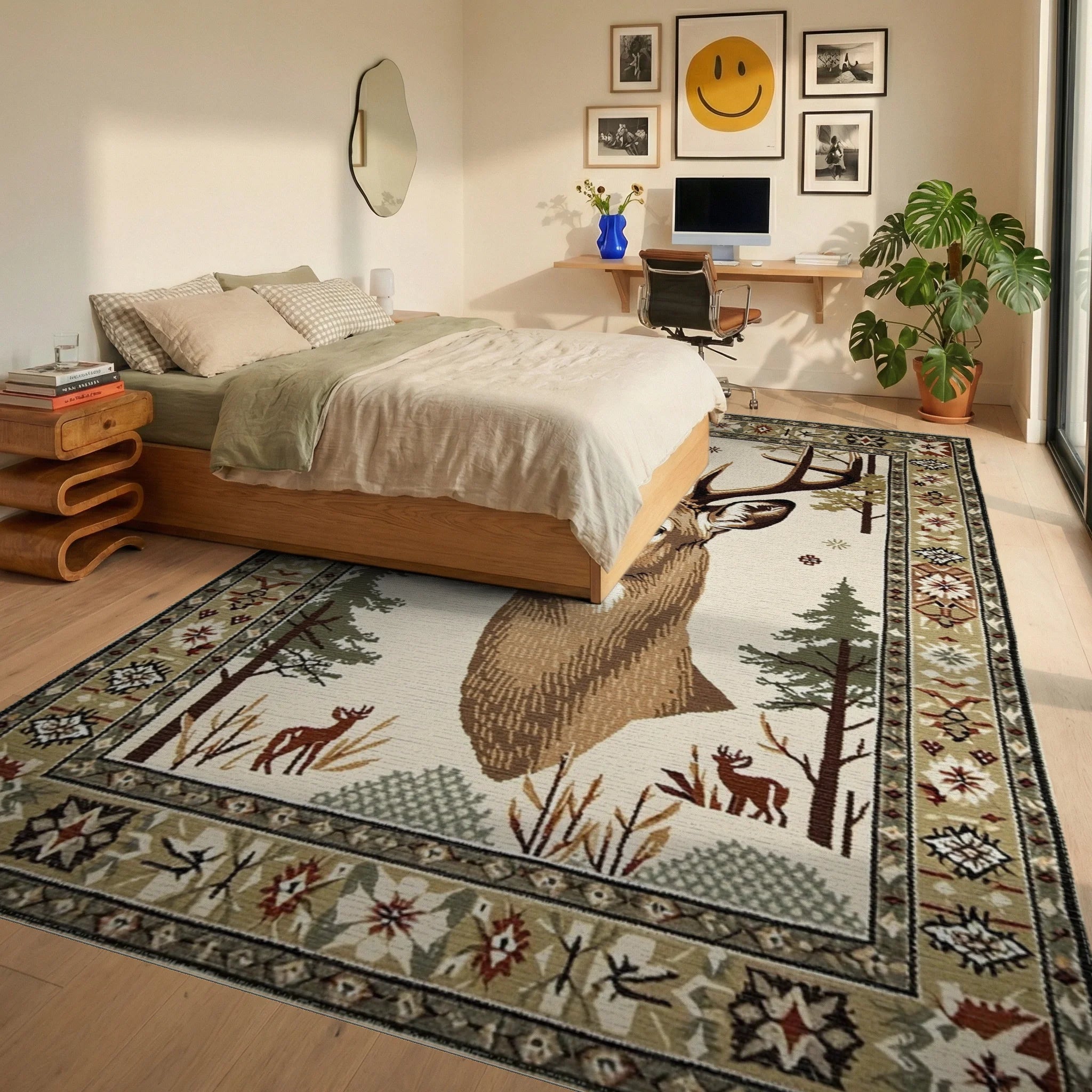 Majestic Deer Forest Winter Wildlife Rug - Bedroom View