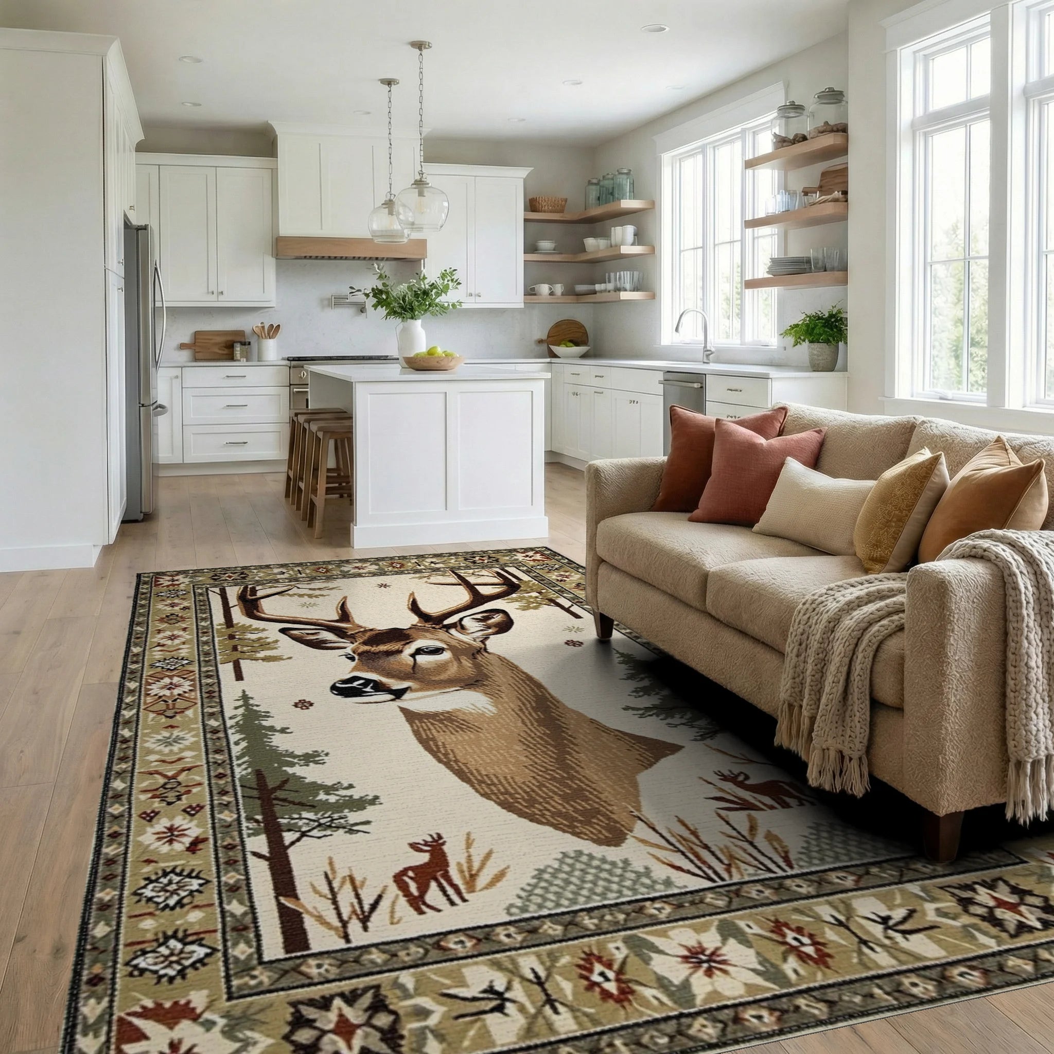 Majestic Deer Forest Winter Wildlife Rug - Living Room View
