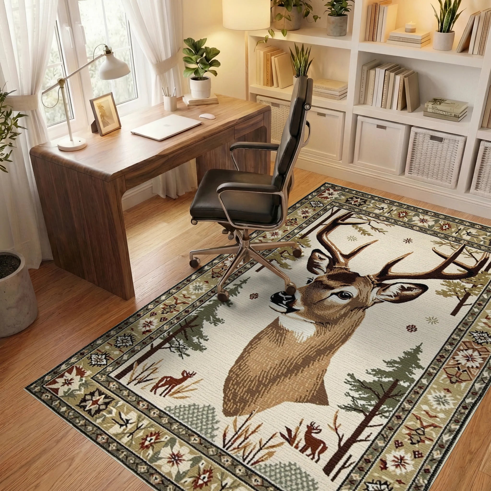 Majestic Deer Forest Winter Wildlife Rug - Office View