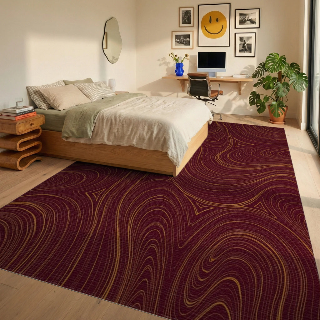 Maroon Gold Swirl Pattern Rug Bedroom View