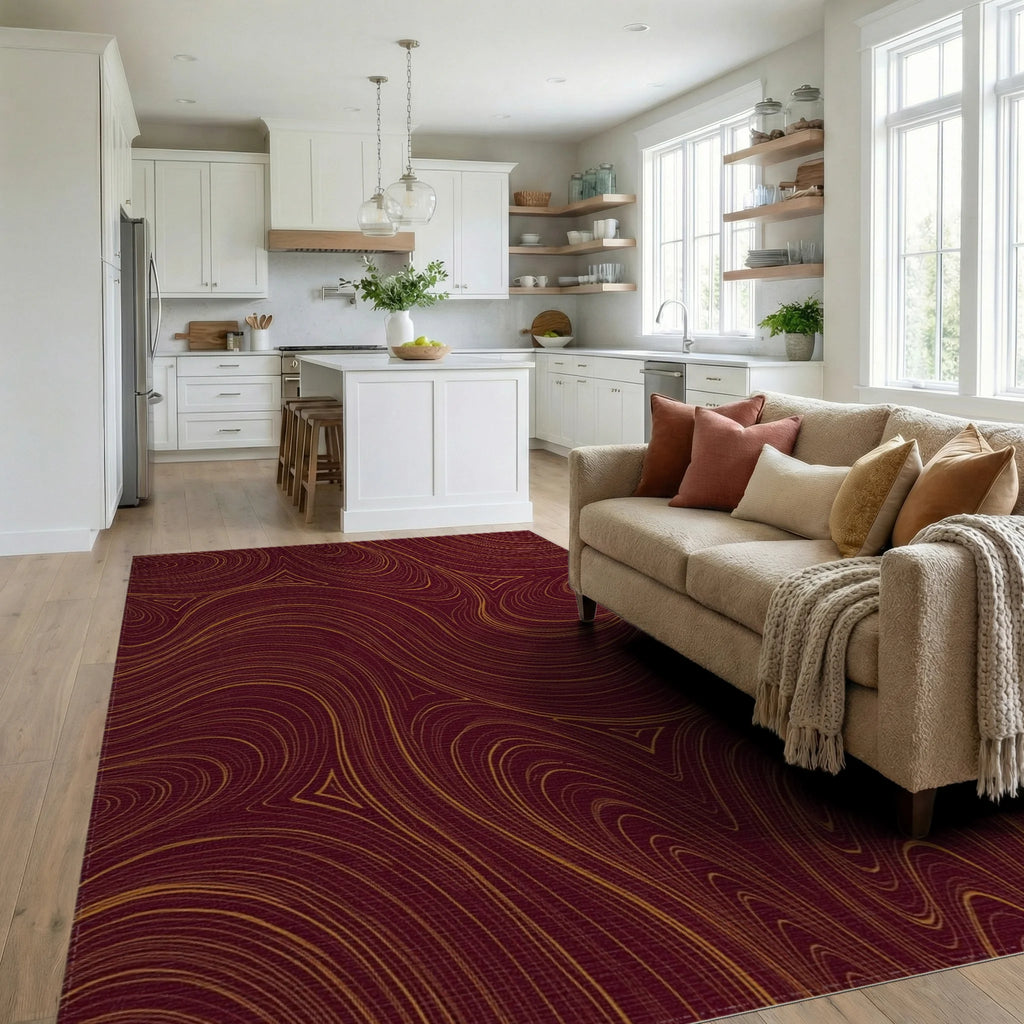 Maroon Gold Swirl Pattern Rug Living Room View
