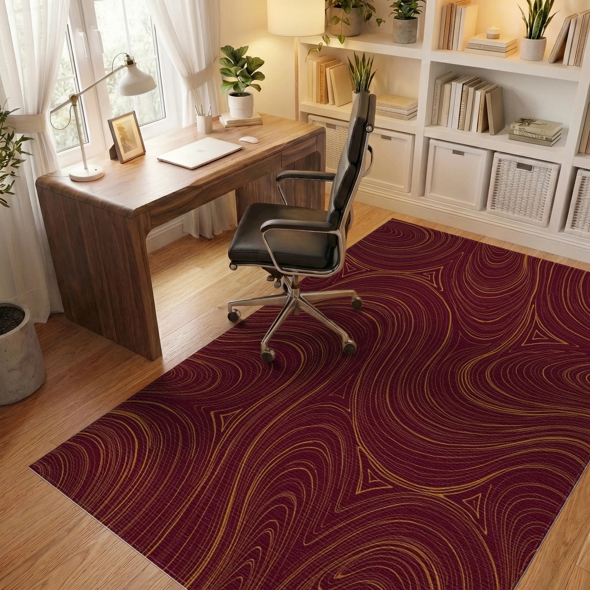 Maroon Gold Swirl Pattern Rug Office View