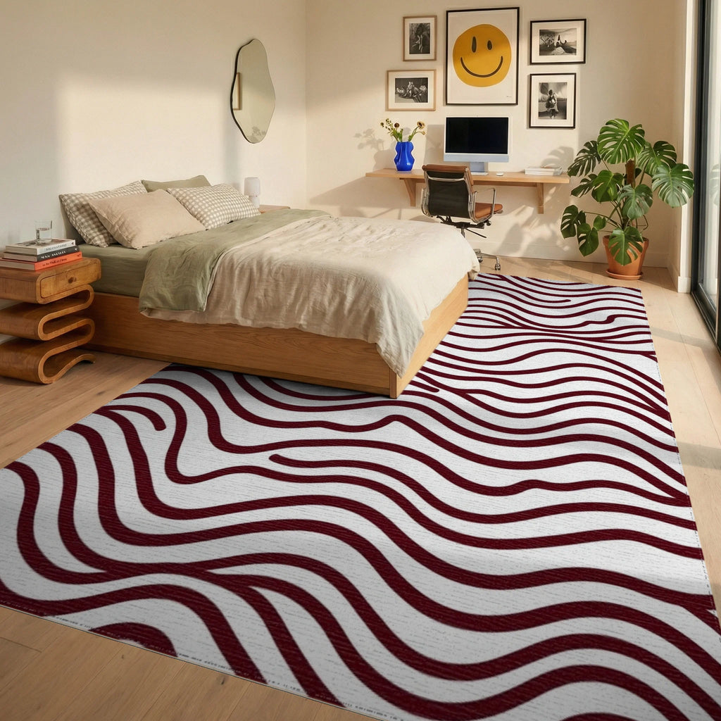 Maroon Organic Wavy Lines Rug - Bedroom View