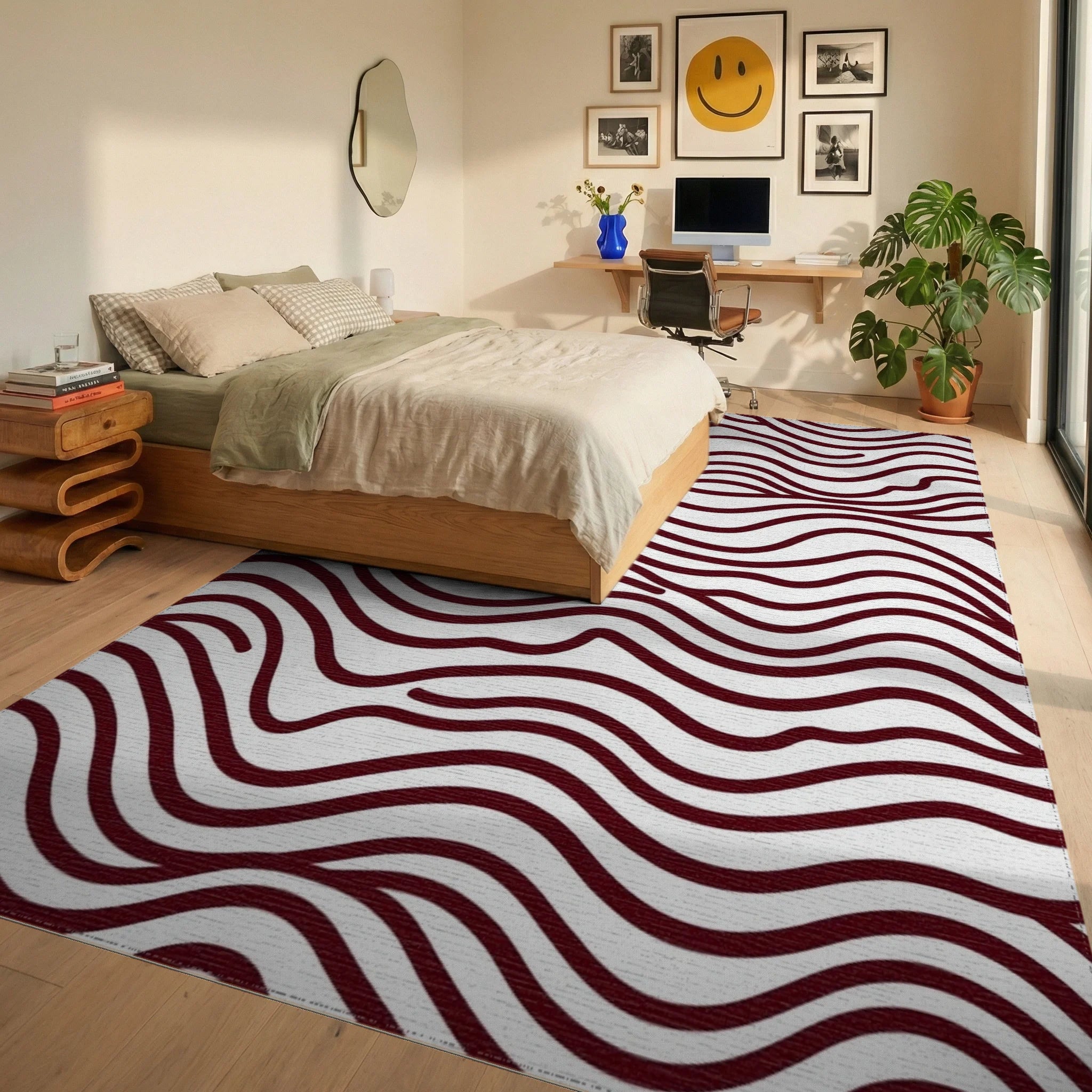 Maroon Organic Wavy Lines Rug - Bedroom View