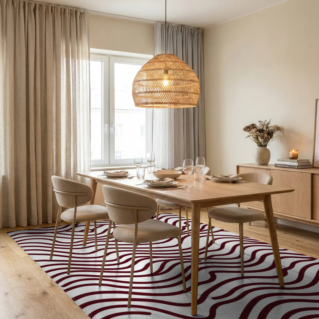 Maroon Organic Wavy Lines Rug - Dining Room View