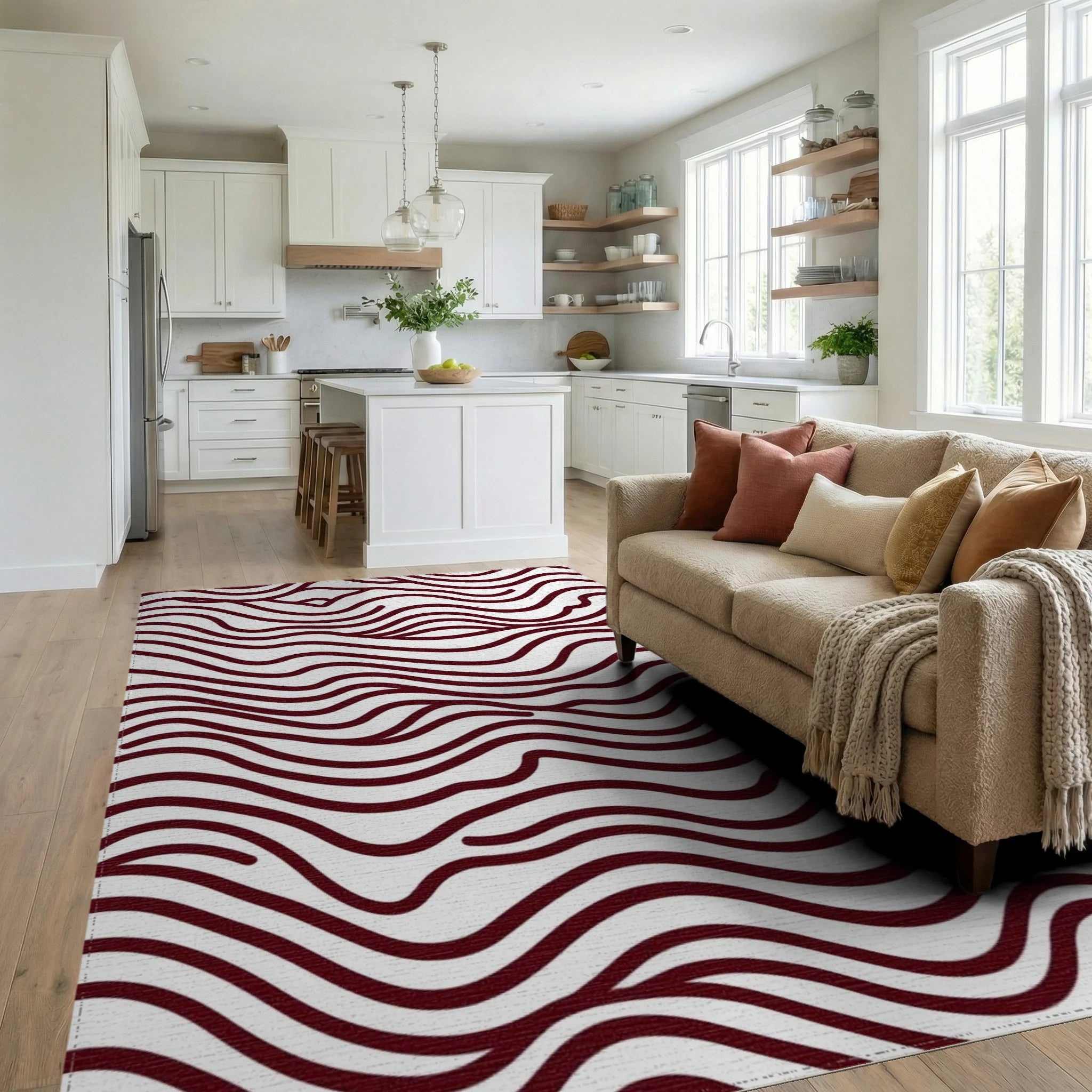 Maroon Organic Wavy Lines Rug - Living Room View