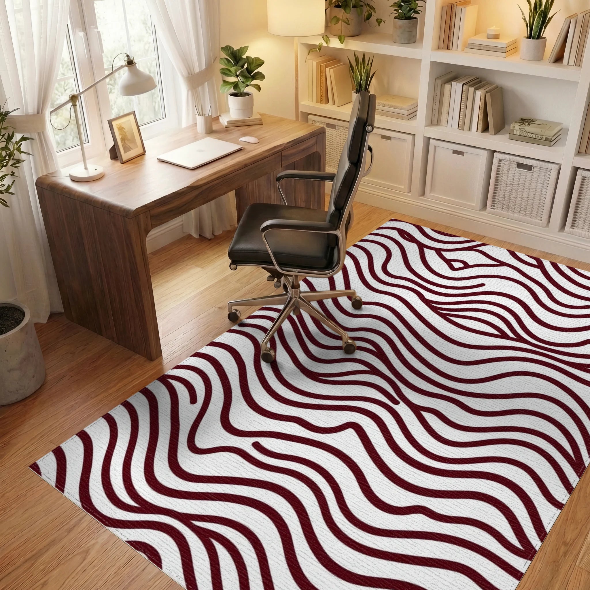 Maroon Organic Wavy Lines Rug - Office View