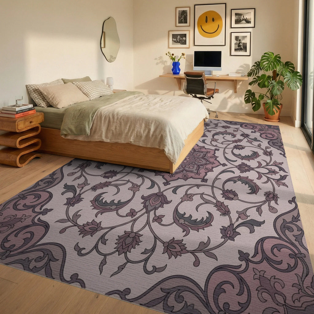 Mauve Floral Arabesque Scrollwork Rug Bedroom View