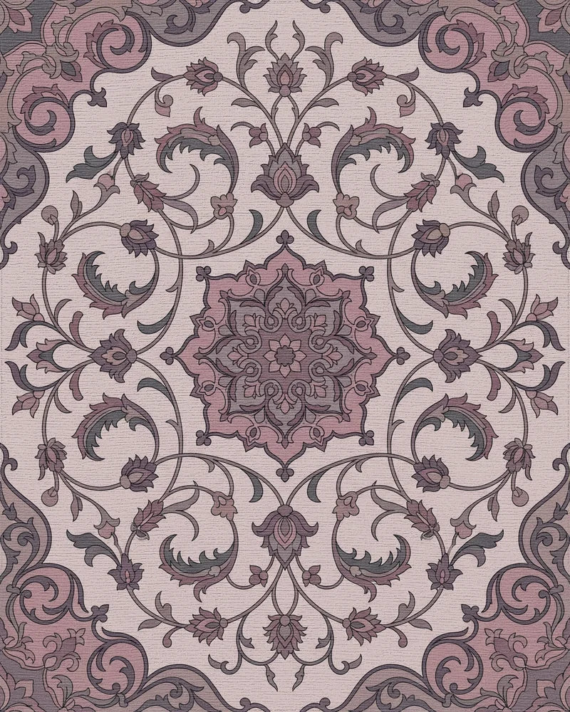 Mauve Floral Arabesque Scrollwork Rug - Cutout View