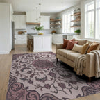 Mauve Floral Arabesque Scrollwork Rug Living Room View
