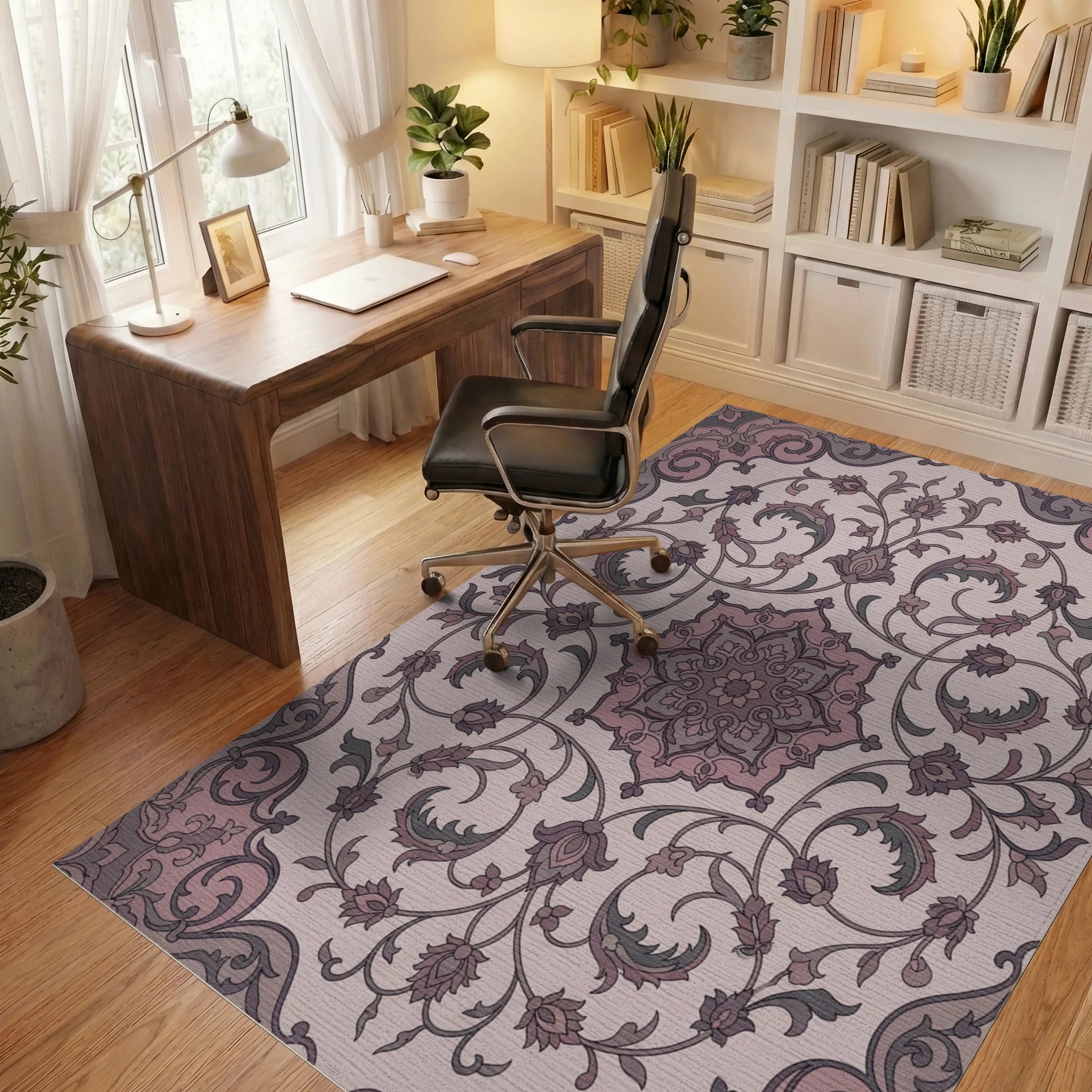 Mauve Floral Arabesque Scrollwork Rug Office View