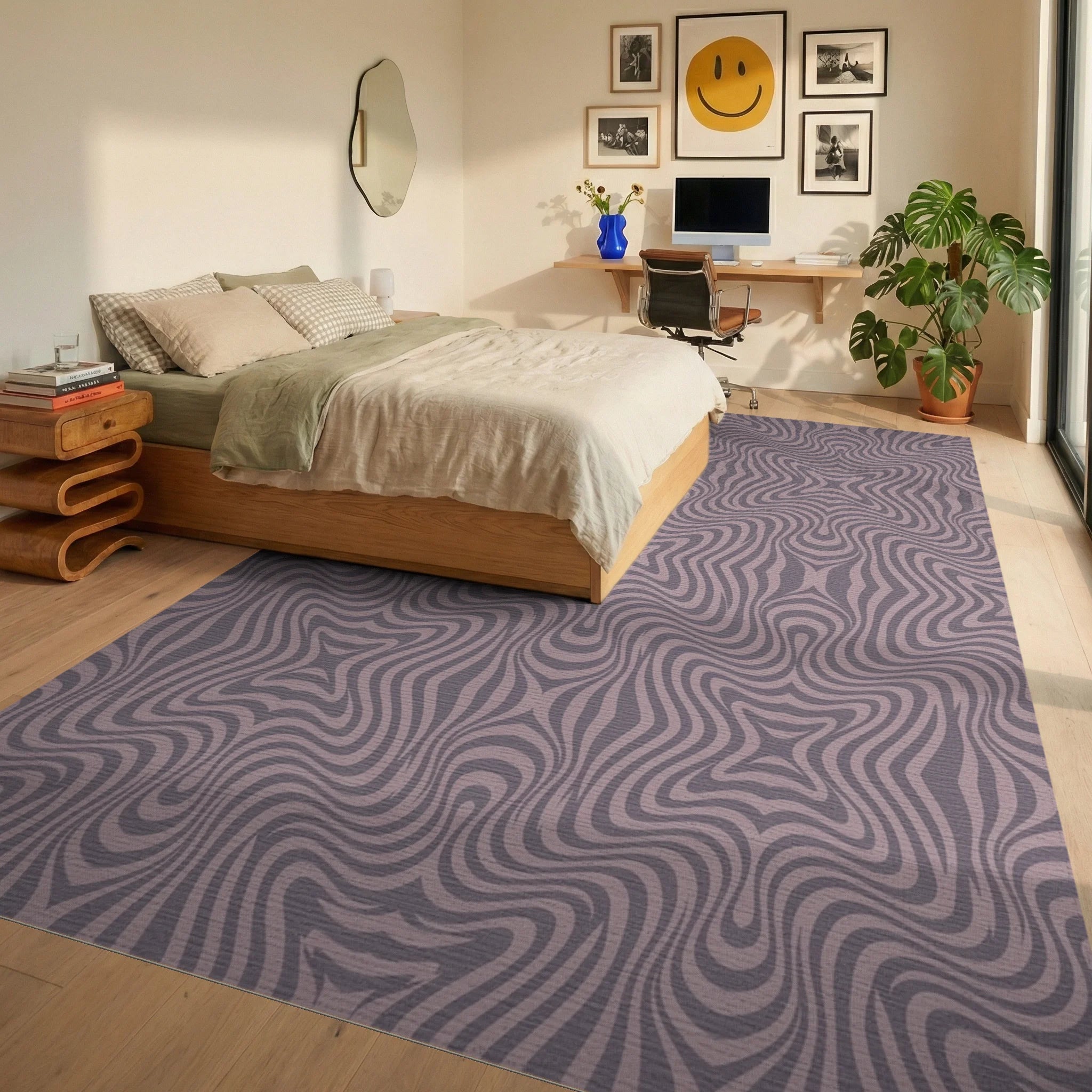 Mauve Swirling Optical Illusion Stripes Rug Bedroom View