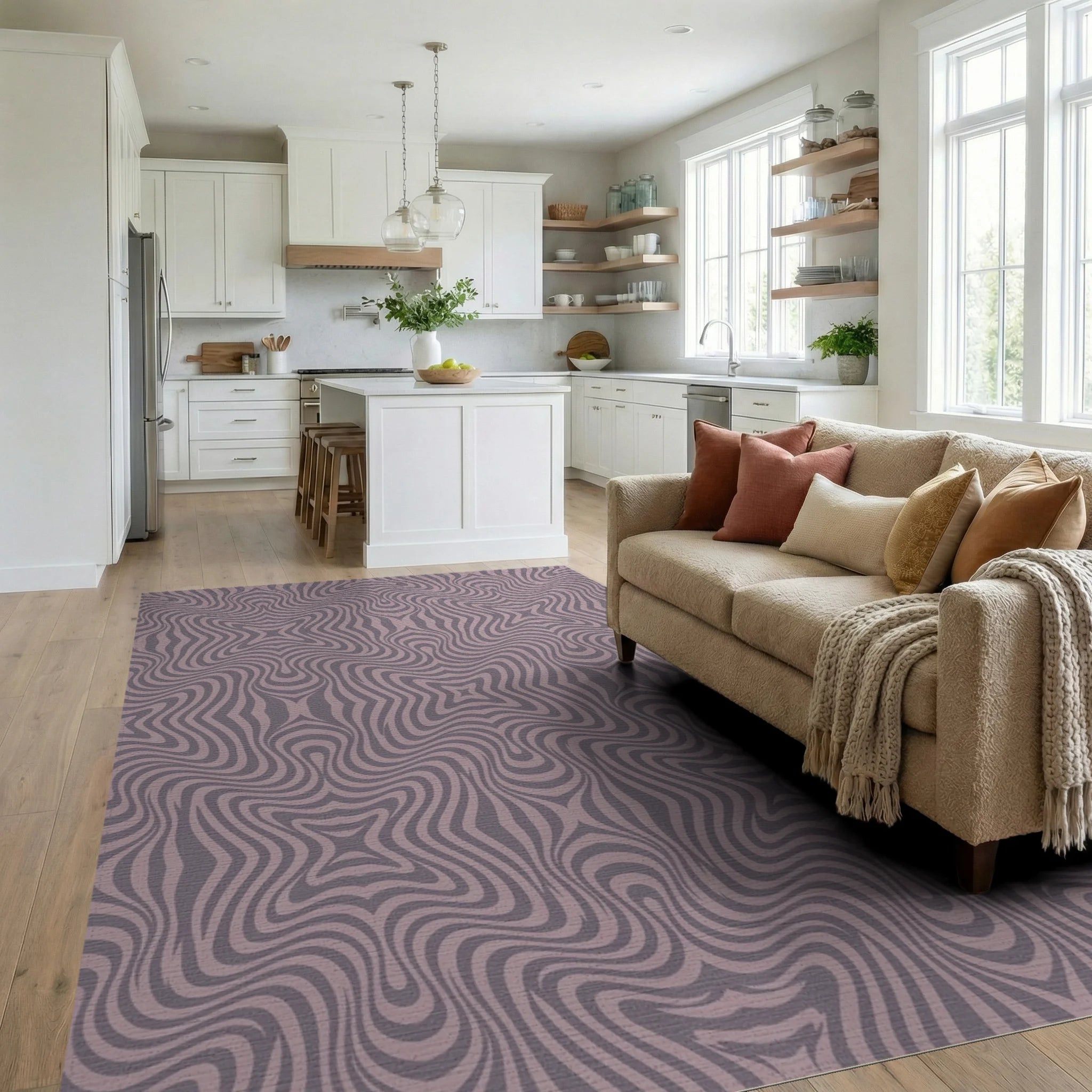 Mauve Swirling Optical Illusion Stripes Rug Living Room View