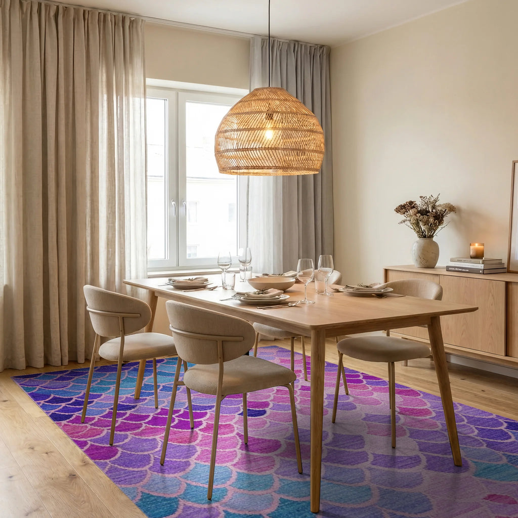Mermaid Scale Gradient Pink Purple Rug - Dining Room View