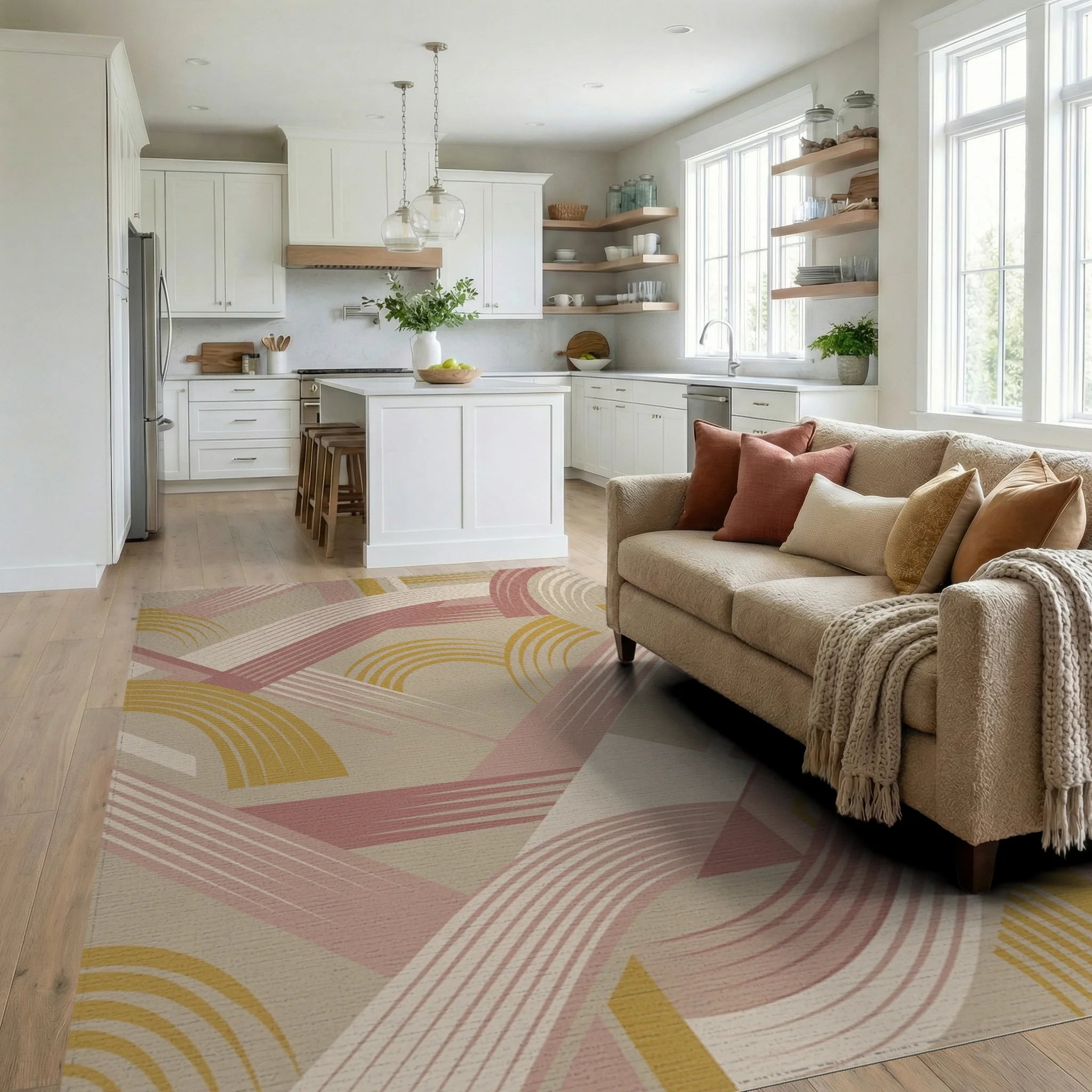 Mid Century Abstract Arcs Rug Living Room View