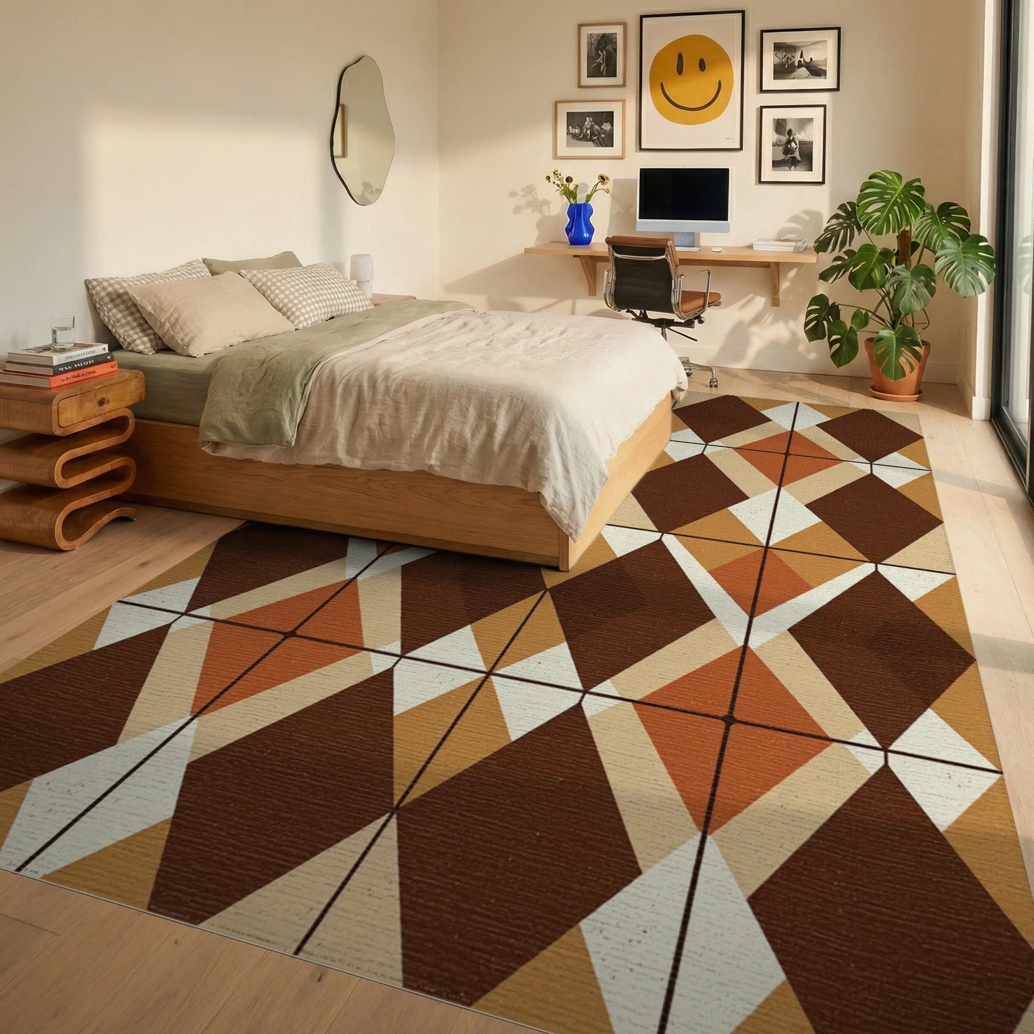 Mid Century Earth Tone Geometric Diamond Rug Bedroom View