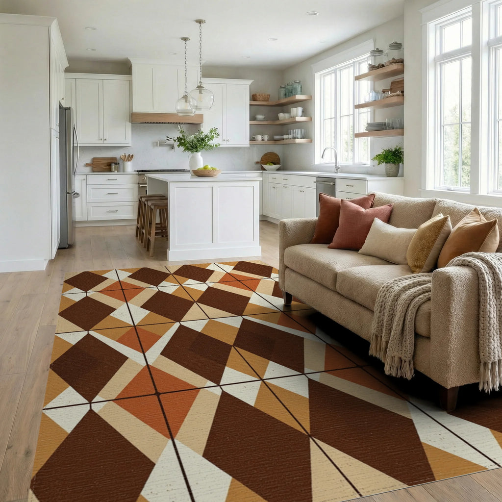 Mid Century Earth Tone Geometric Diamond Rug Living Room View