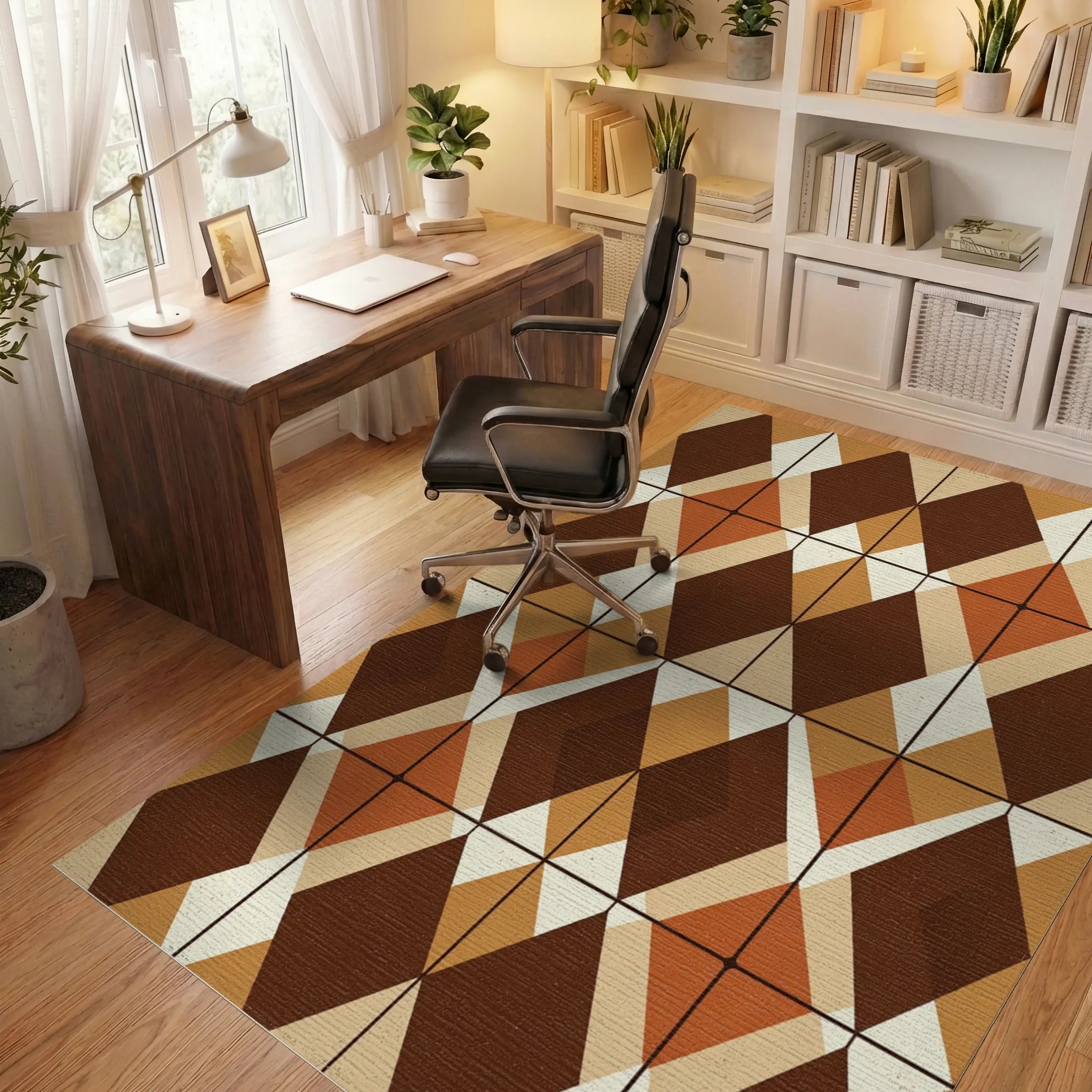 Mid Century Earth Tone Geometric Diamond Rug Office View