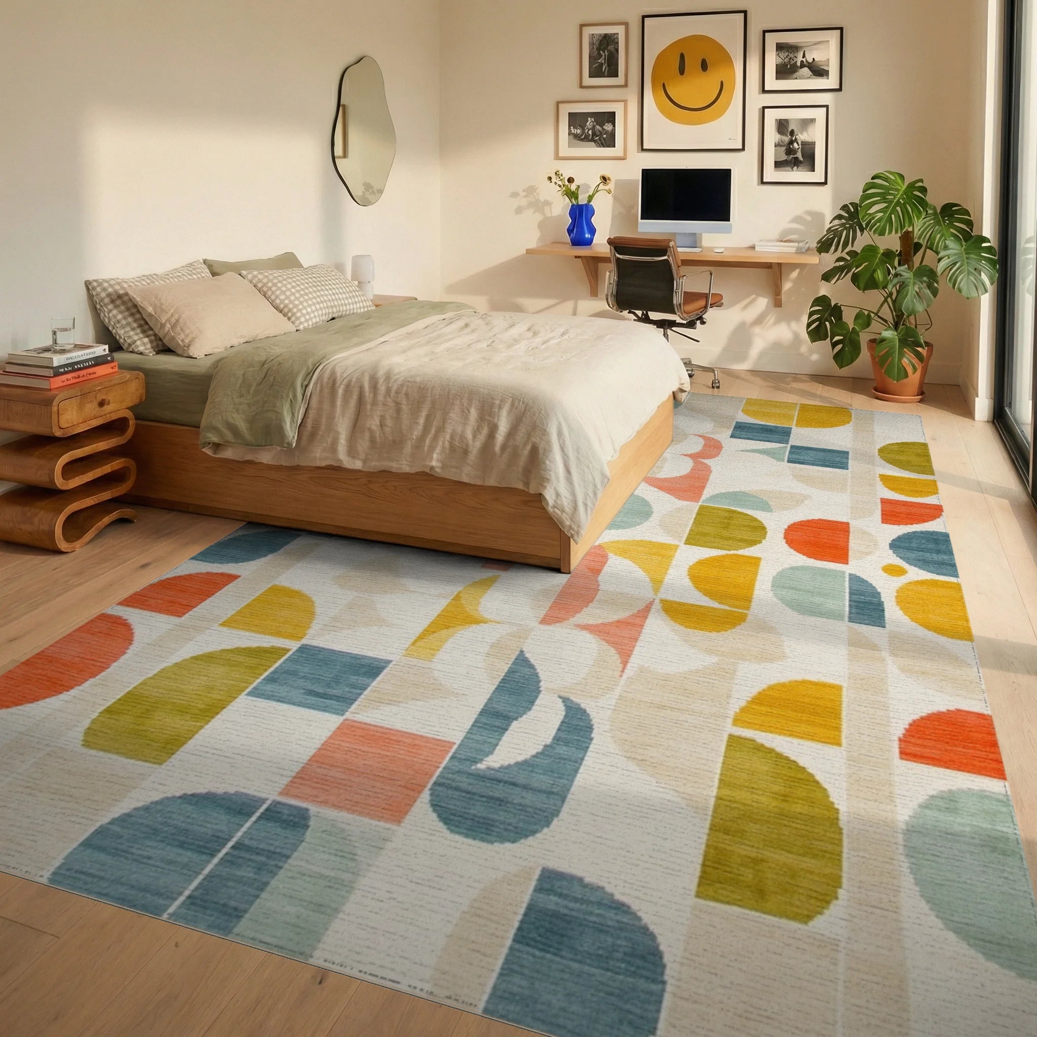 Mid Century Geometric Color Block Rug - Bedroom View